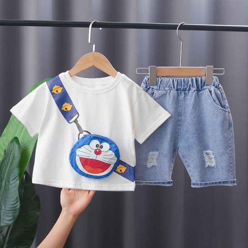Set bộ đồ áo thun cộc tay & quần bò hoạ tiết Doraemon cho bé trai & bé gái (Nặng 8-21kg, cao 80-120cm) N01416