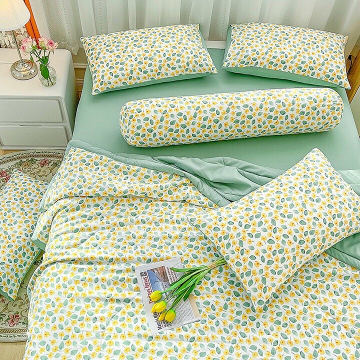 Bộ Chăn Chần Ga Giường Vỏ Gối 5 Món Cotton Đũi VIE Home - Bedding Cao Cấp Hoa Lá Đủ Size Nệm M6/M8