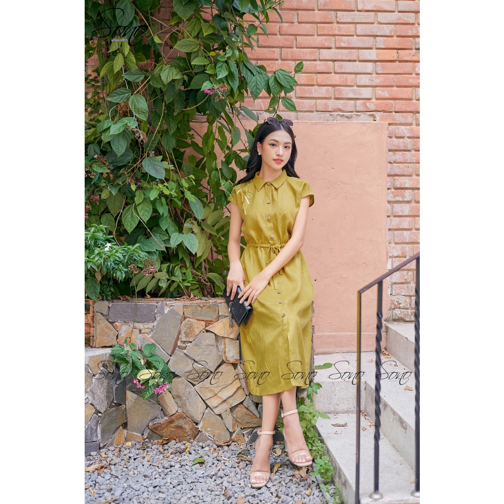 Sono - Đầm Linen Thêu Nơ Nhún Eo Mẫu Thiết Kế Mới Được Thêu Tay Trên Vai Duyên Dáng