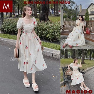 Đầm maxi dáng dài tay bồng ngắn hoa nhí vintage - Váy trắng hoa đi biển dáng xòe tiểu thư công chúa - MAGIDO