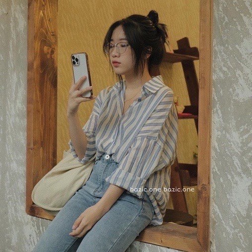 Áo Sơ mi nữ dài tay form rộng kẻ sọc xanh vải tơ đũi mỏng nhẹ mát