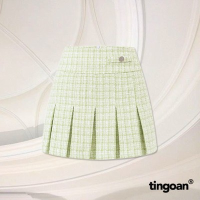 TINGOAN® - Chân váy xếp ly tweed xanh cạp lửng đính cúc lệch CHERRY CHAMPAGNE SKIRT/GREEN