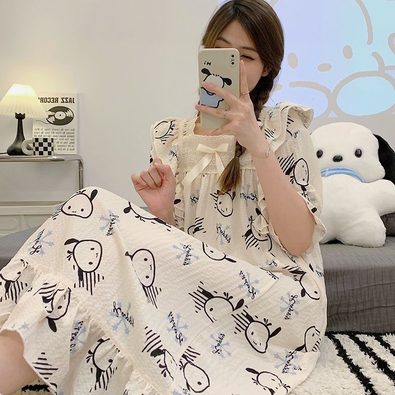 Váy ngủ mặc nhà mẫu mới 2023 đũi xốp phối ren đính nơ