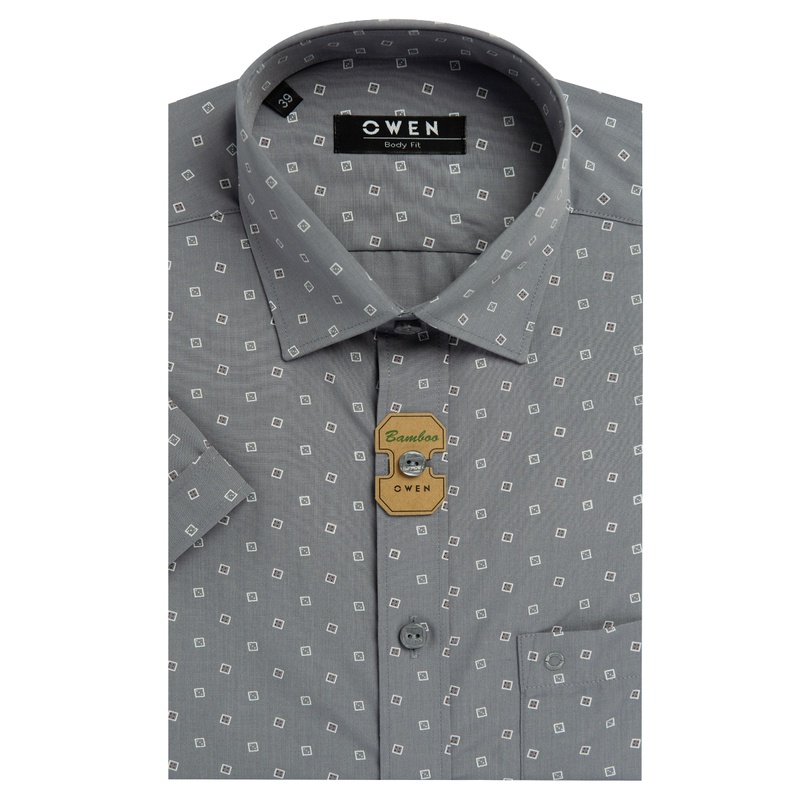 Áo sơ mi owen ngắn tay màu ghi họa tiết body fit vạt ngang vải sợi tre AB230051NT