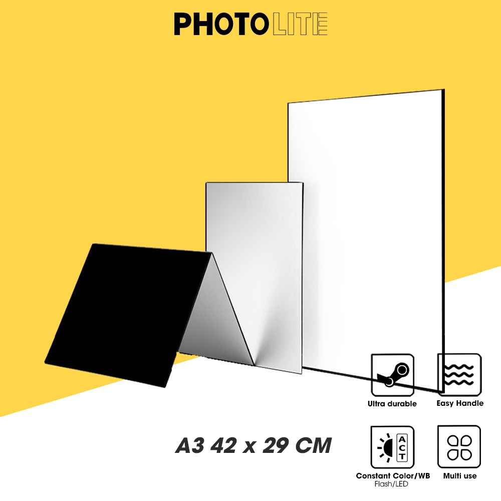 Tấm hắt sáng bạc và trắng A3 Photolite PA101 giúp bù sáng cho chụp ảnh sản phẩm, đồ ăn, mỹ phẩm