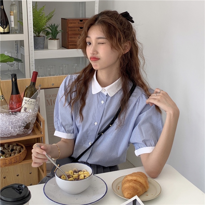 Áo Sơ Mi Kẻ Tay Ngắn Cổ Bo Góc Tay Áo Bo Phối Viền Trắng Áo Sơ Mi Kẻ Ulzzang Thời Trang Sugal TOP NU 070V2