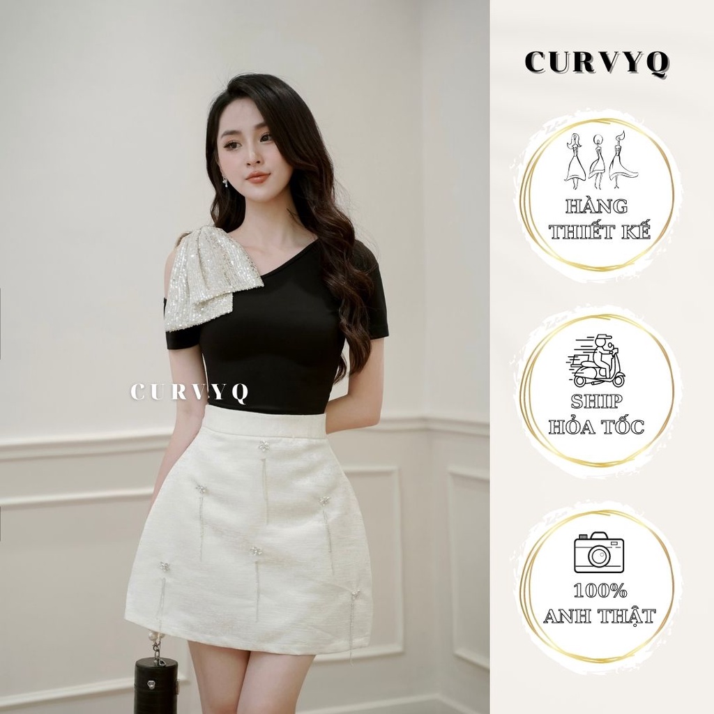 Áo Cộc Tay Đính Nơ Kim Sa Thời Trang Thiết Kế Nữ CurvyQ