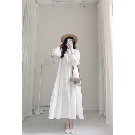 Váy dài dáng xoè cổ trụ trắng Samhyewear