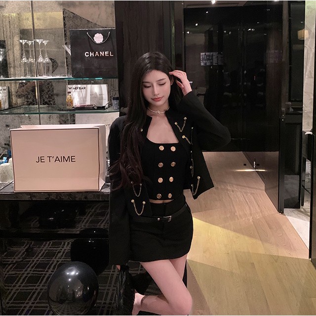 HUANG YOYO Áo Croptop Sát Nách Phối Dây Xích Thời Trang Mùa Hè Hàn Quốc Cho Nữ