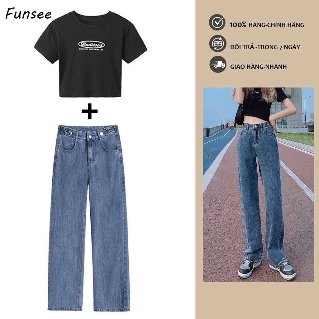 Set Áo Quần jean nữ ống rộng quần bò xuông lưng cao quần jean+Áo croptop ngực body sexy nữ đen trắng áo kiểu nữ chất