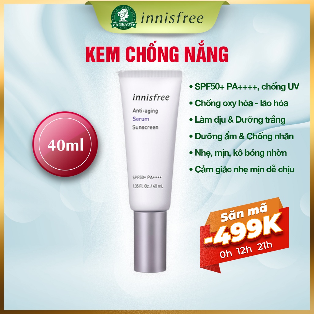 Kem chống nắng ngăn ngừa chống lão hóa innisfree Anti-aging Serum Sunscreen SPF 50+PA++++ 40ml dưỡng ẩm