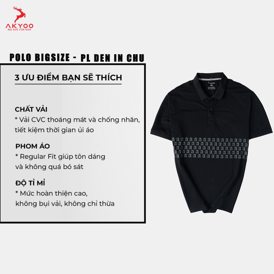 Áo Polo Bigsize 80-140KG AKYOO Cao Cấp Cotton Co Giãn, Thâm Hút Mồ Hôi, Áo Polo Bigsize - PL DEN IN CHU