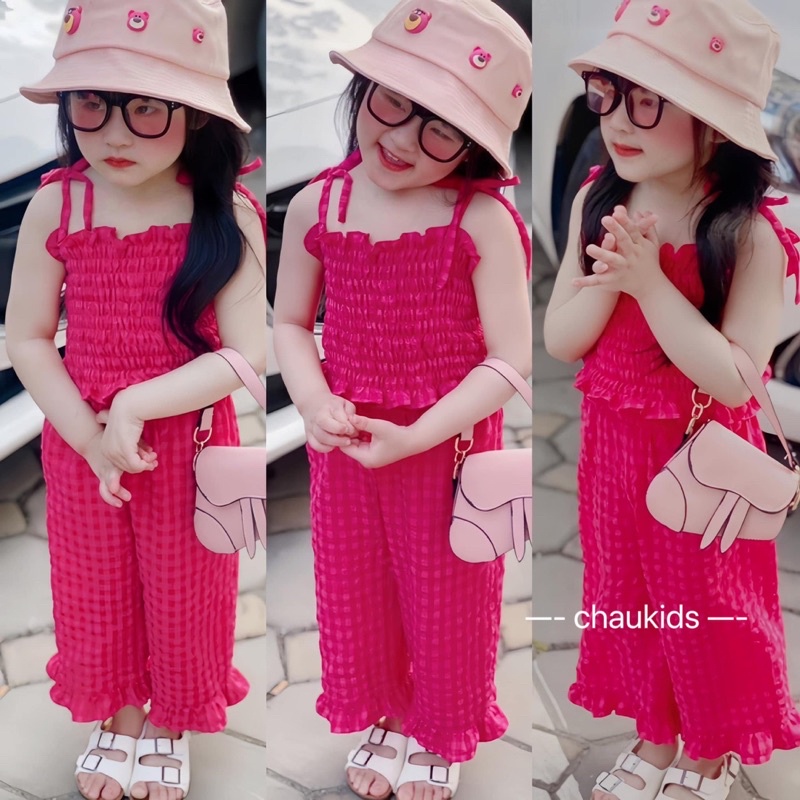 bg74- bộ áo caro đỏ trần chun quần ống xuông bé gái