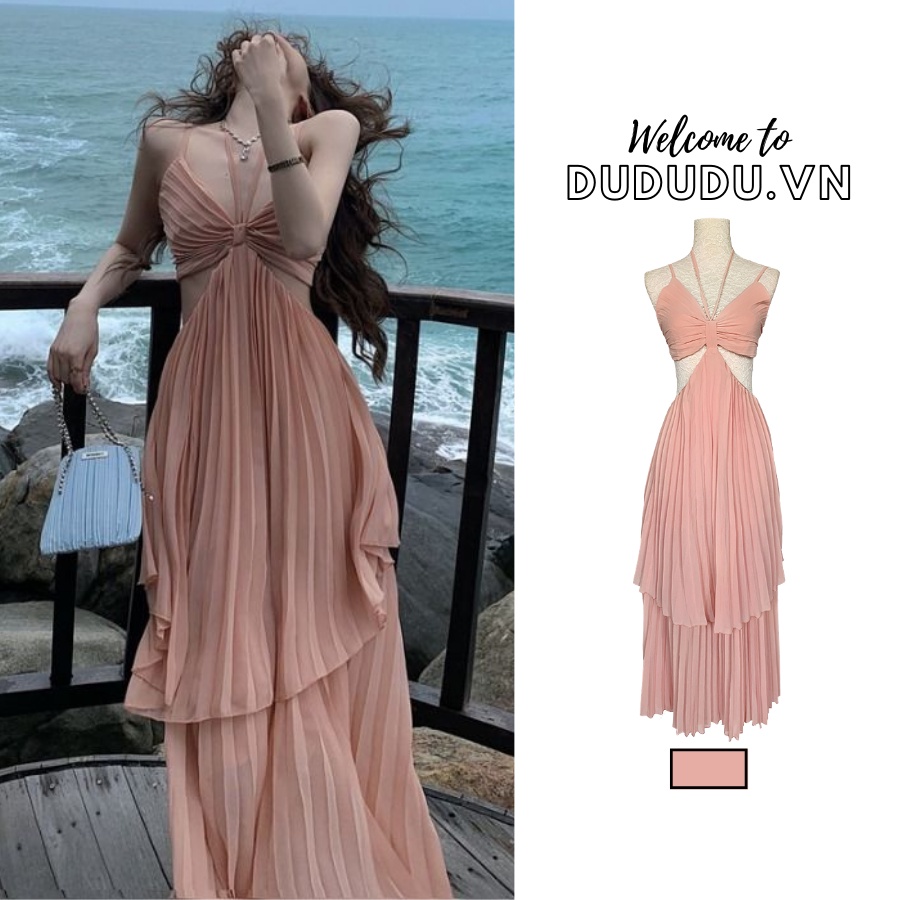 Đầm maxi nữ hai dây siêu thích hợp mang đi biển, váy xếp ly hở lưng, khoét eo sexy, màu hồng tôn da, item không thể thiếu trong mùa hè này