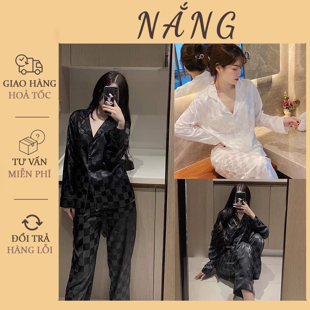 Bộ Pyjama Chất Lụa Gấm Siêu Hot Tay Dài- Quần Dài NẮNG_STORE kẻ ô DD 01