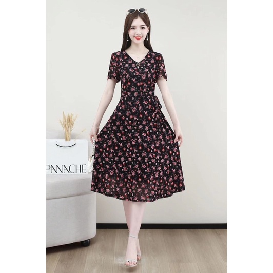 Váy hoa voan 2 lớp cho phụ nữ trung niên. Đầm mùa hè đi biển cho mẹ sang trọng quí phái