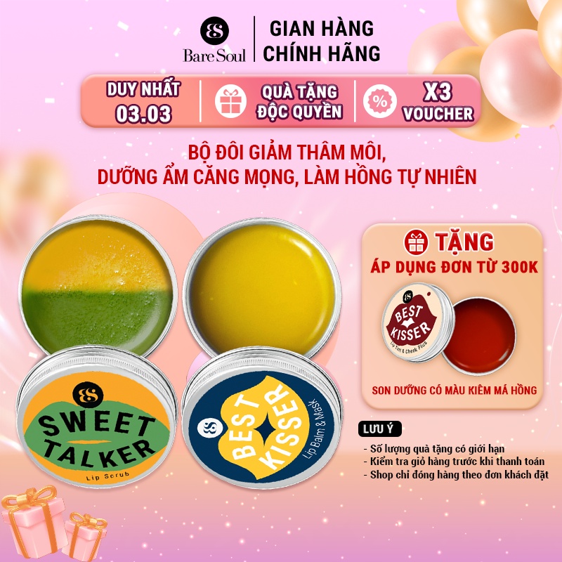 Bộ đôi giảm thâm môi, dưỡng ẩm căng mọng, làm hồng tự nhiên Baresoul Lip Balm & Mask 10g + Sweet Talker 20g