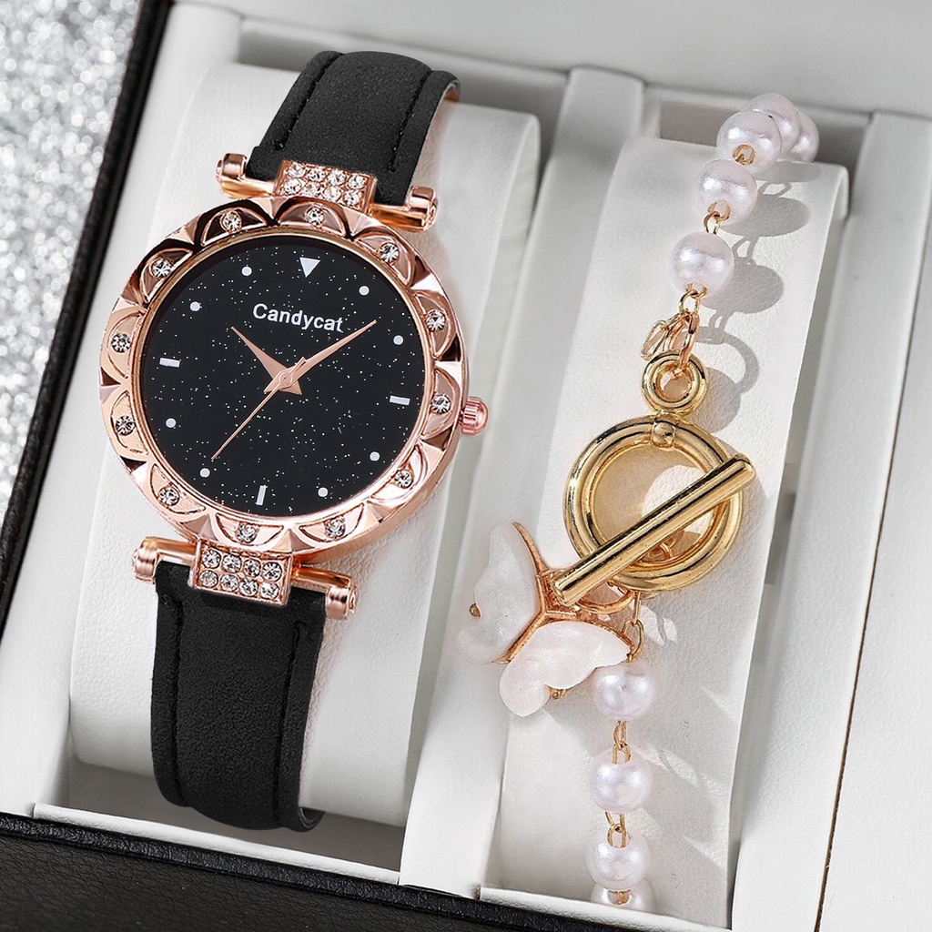 Đồng Hồ Quartz Nữ Mặt Đính Hột Xoàn Dây Da