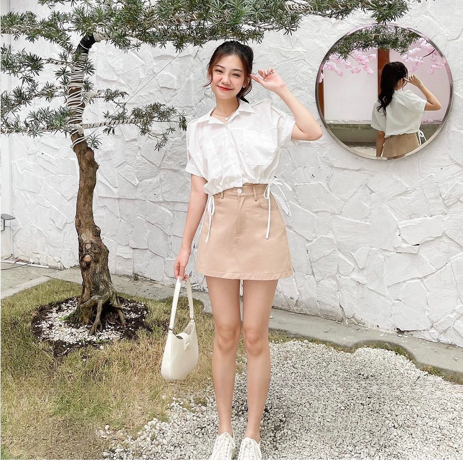 Áo sơ mi croptop chun eo thắt nơ 2 bên siêu xinh