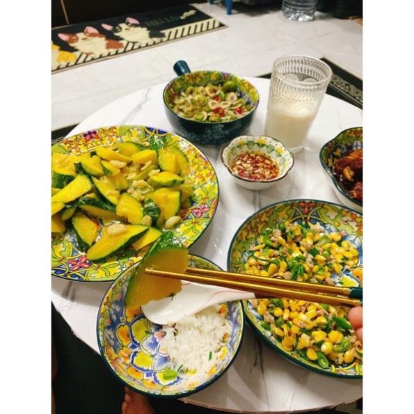 Siêu Sale - Bát Đĩa Gốm Sứ Decor, Bát Ăn Cơm, Bát Ăn Chè, Chén Dĩa Dễ Thương Bộ Bát Đĩa Thổ Cẩm Xanh Posimia