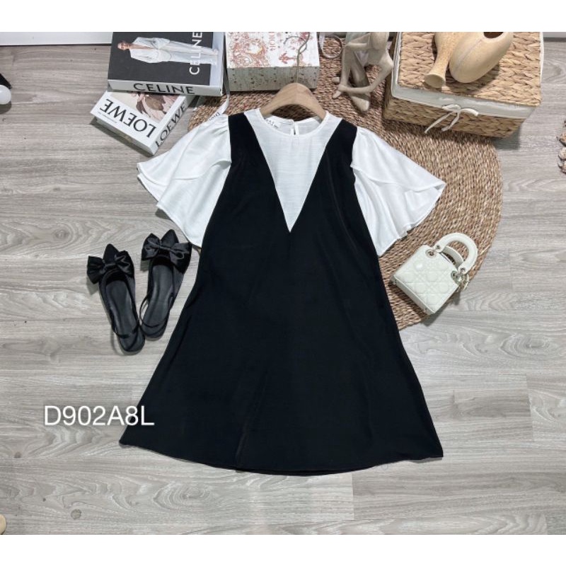Váy Yếm Suông Chữ A Phối Tay Cánh Tiên Trắng Vải Lụa Mát ,Đầm Sơ Mi Nữ Tiểu Thư Dáng Rộng Công Sở Đi Chơi