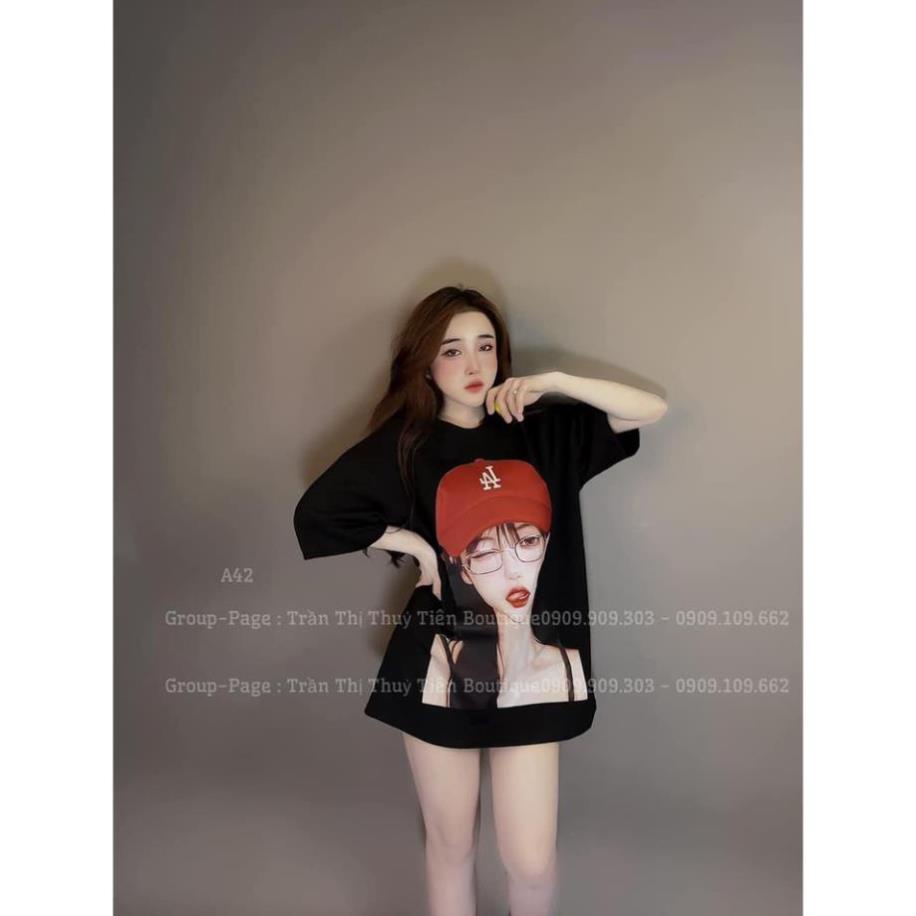 Áo thun nữ from rộng dấu quần phông cô gái đội mũ đỏ 100 % cotton chất mềm đẹp mẫu hot nhất 2023 FRESHIP