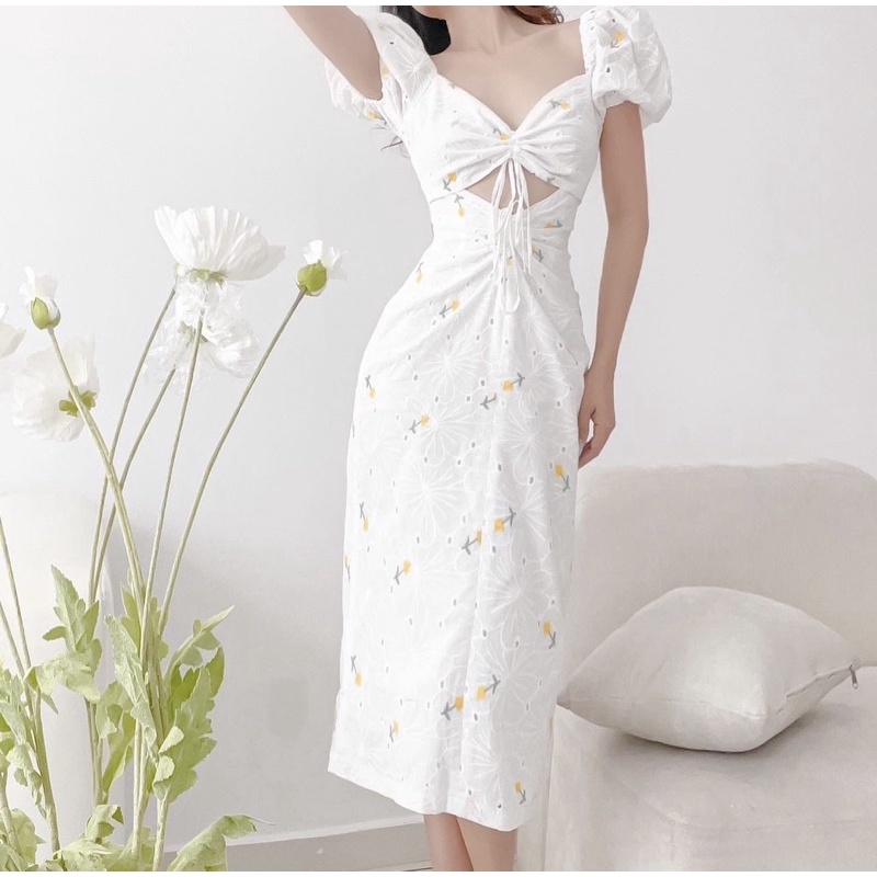 Đầm midi hoa ( có bigsize ) thêu rút dây nhún eo siu tôn dáng