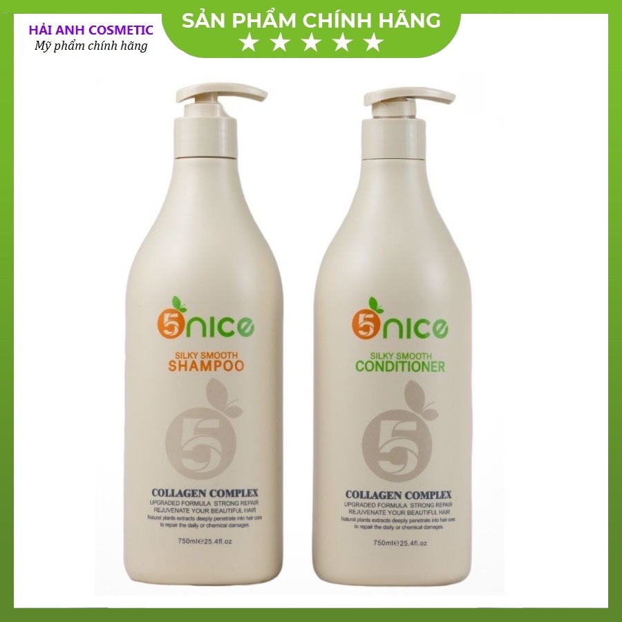 Dầu gội xả 5NICE Collagen 750ml, keratin dưỡng tóc phục hồi tóc hư tổn chống gàu, chăm sóc tóc uốn nhuộm duỗi