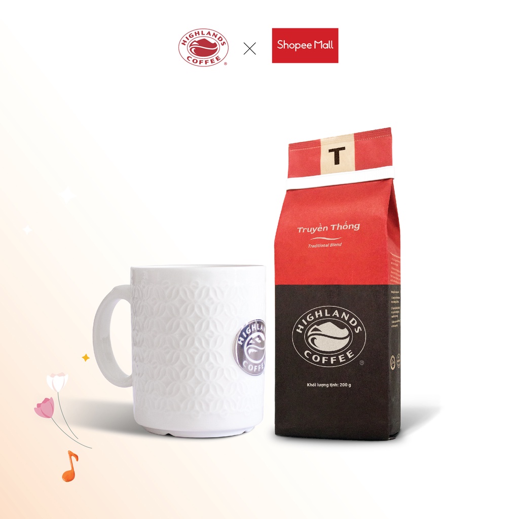 COMBO Ly sứ Trắng và Cà phê rang xay Truyền Thống Highlands Coffee 200g