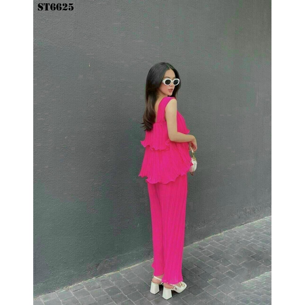 Set đi biển, set đồ nữ đi chơi áo 2 dây phân tầng phối quần ống rộng màu sắc tươi mới phong cách thoải mái cho nàng