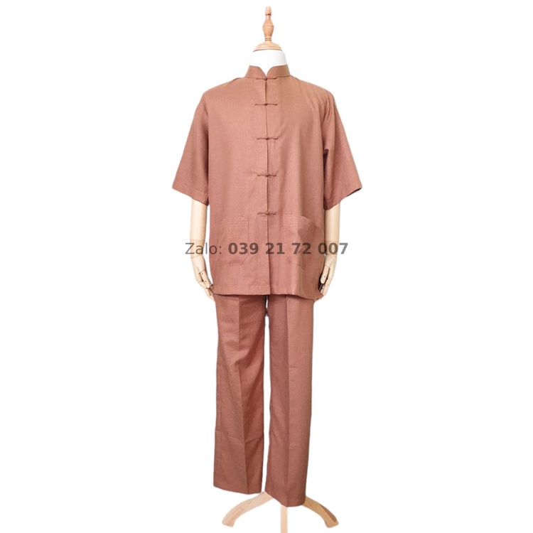 Đồ Lam Nam Lãnh Tụ Tay Ngắn, Hàng Cao Cấp, Vải Linen Ấn Độ, Màu Socola