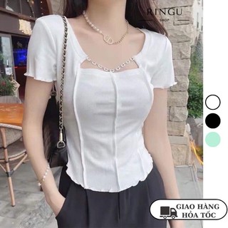 Áo thun body kiểu vạt bầu phối xích tay ngắn chất gân tăm- Ringu shop
