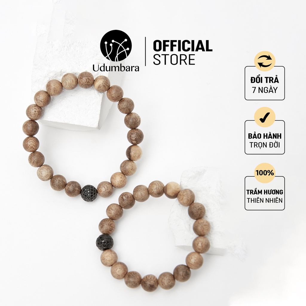 Vòng tay cặp đôi tình nhân nam nữ trầm hương charm cầu đá đen kết nối tình yêu phong thủy Udumbara, quà biếu tặng.