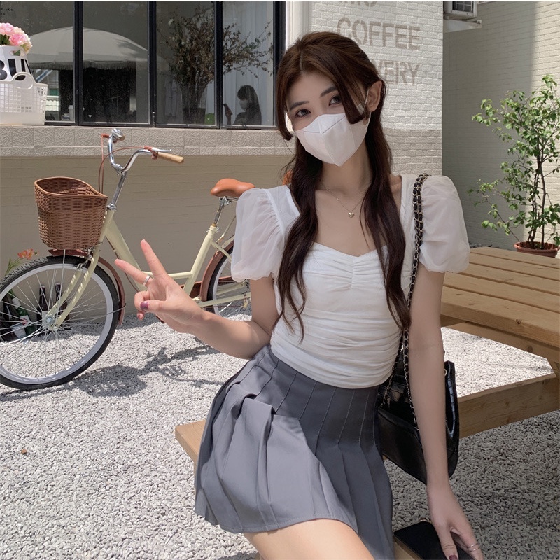 QADCOL Áo Lưới Tay Phồng Xếp Ly Ôm Dáng Màu Trơn Gợi Cảm Thời Trang Xuân Hè Cho Nữ