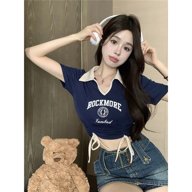 Áo Croptop Tay Ngắn Cổ Polo Phối Dây Rút In Chữ Phong Cách Hàn Quốc Thời Trang Mùa Hè Cho Nữ