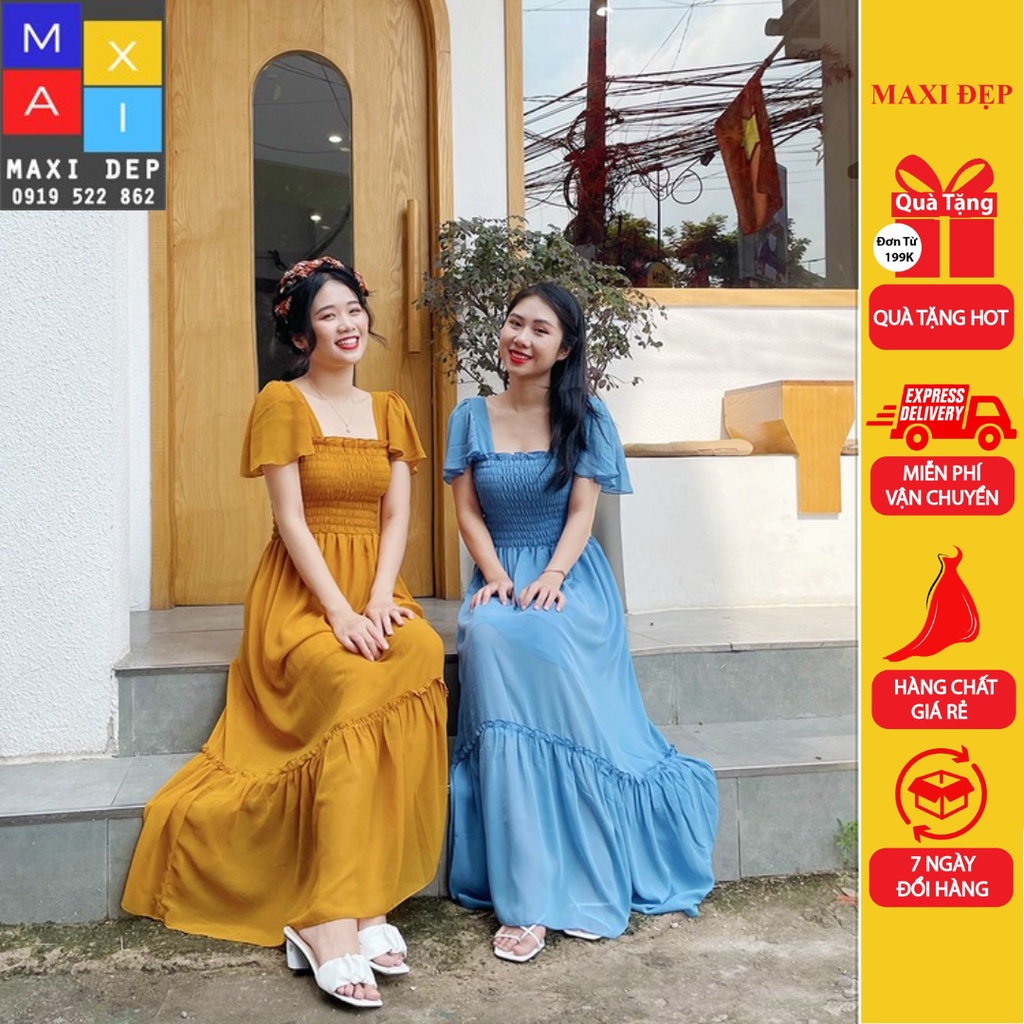 Váy Maxi Cánh Tiên Cao Cấp Màu Vàng Đậm Siêu Sang Freesize By Maxi Đẹp