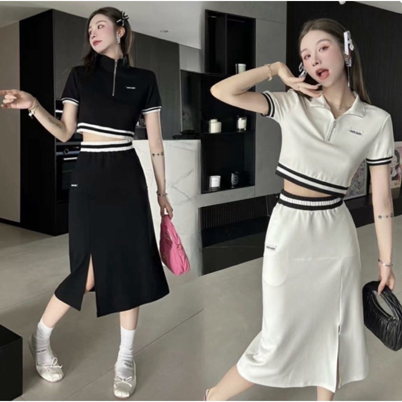 ( QUẢNG CHÂU CAO CẤP ) SET ÁO CROPTOP CỔ SƠ MI DÂY KÉO TRƯỚC + CHÂN VÁY SUÔNG XẺ TÀ VIỀN SỌC SIÊU XINH