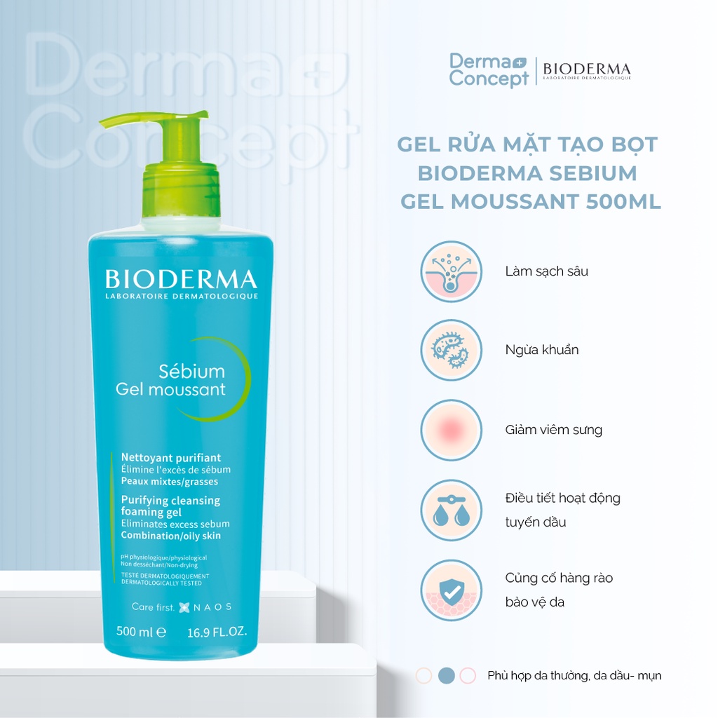 Gel rửa mặt tạo bọt, không chứa xà phòng Bioderma Sebium Gel Moussant 200ml/500ml