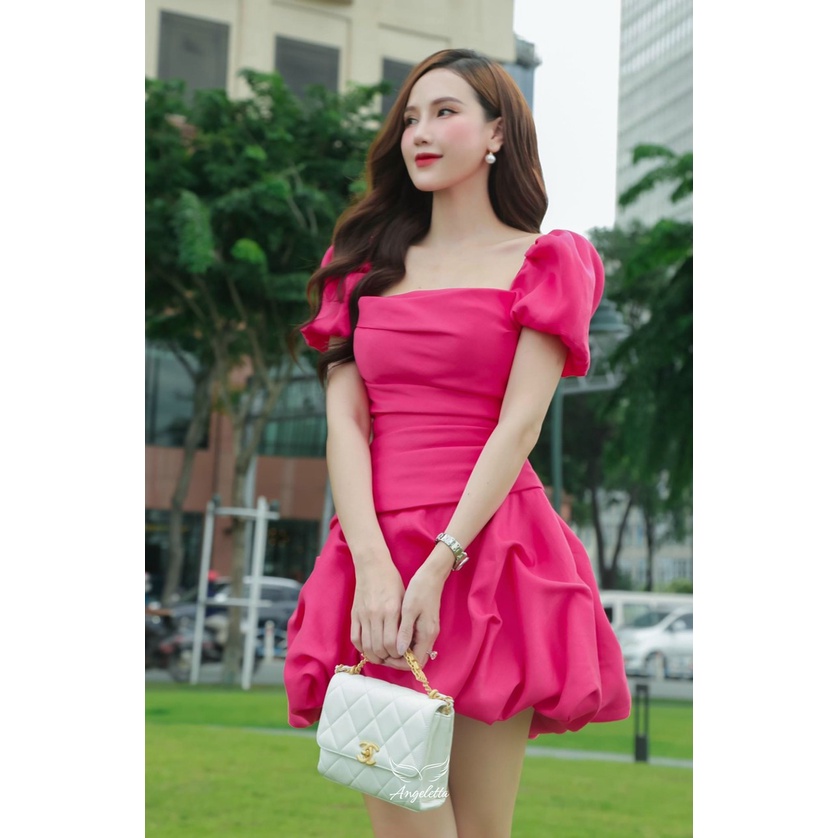 [4.4 Sales Freeship] Đầm cổ vuông tay phồng dáng xòe bồng bềnh chất tapda, đầm nữ đi tiệc chiết eo dáng ngắn quyến rũ dx