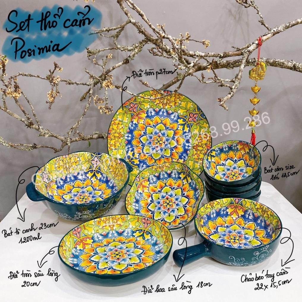 Siêu Sale - Bát Đĩa Gốm Sứ Decor, Bát Ăn Cơm, Bát Ăn Chè, Chén Dĩa Dễ Thương Bộ Bát Đĩa Thổ Cẩm Xanh Posimia