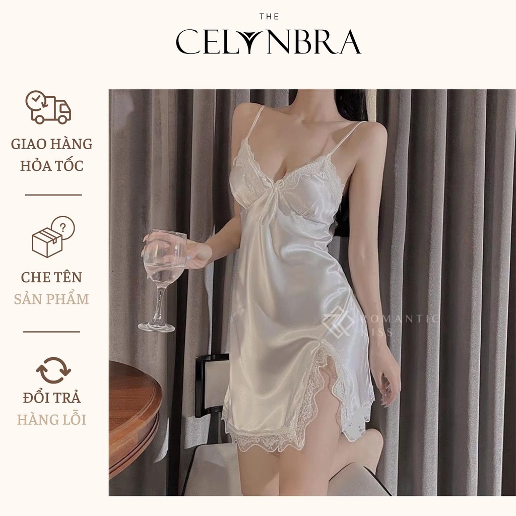 Váy ngủ lụa viền ren xẻ vạt quyến rũ THE CELYNBRA - V32