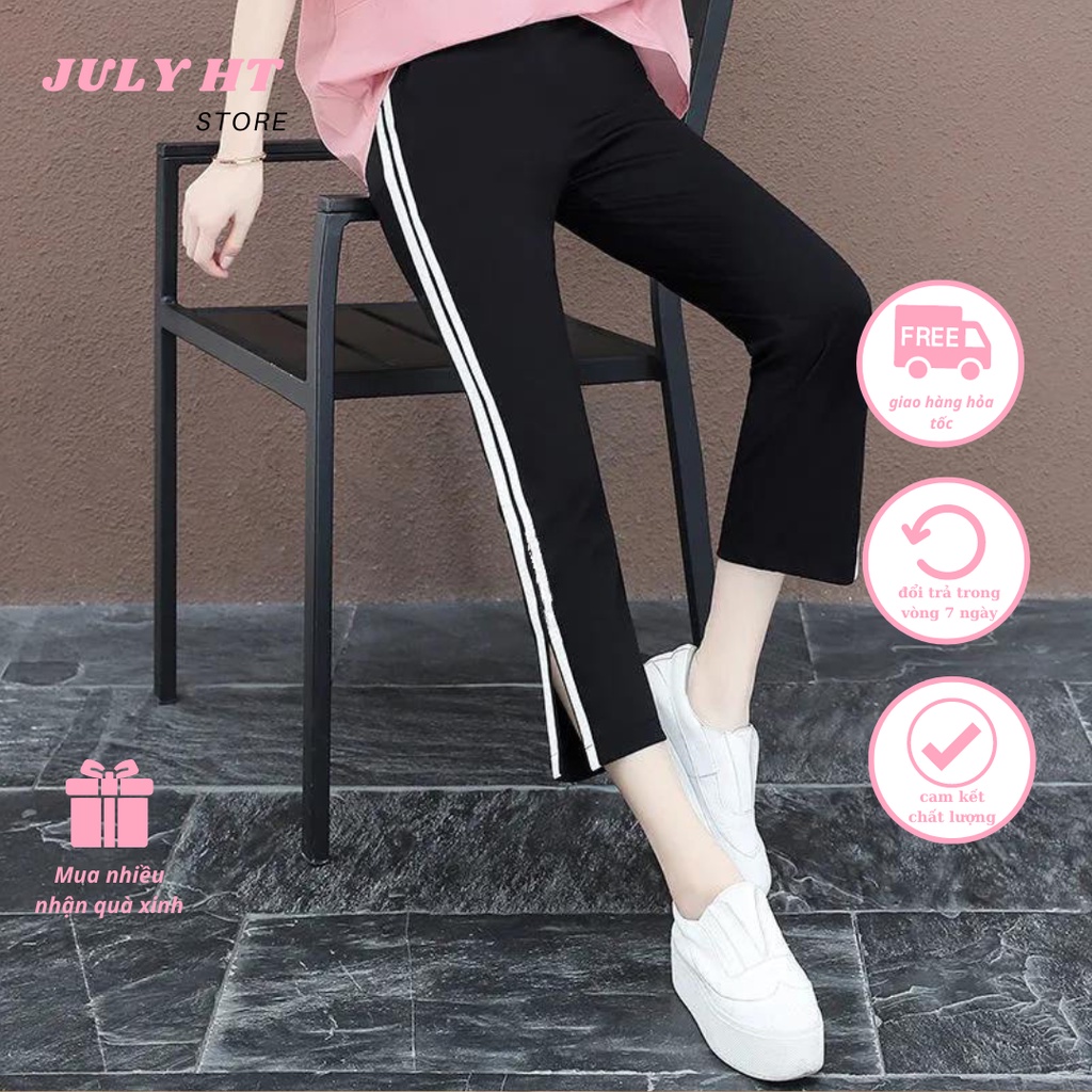 Quần Nữ Cạp Chun JULY HT Xẻ Gấu Kẻ Sọc Bên Hông Dáng Baggy Chất Liệu UMI Co Giãn 4 Chiều Lưng Cao Tôn Dáng