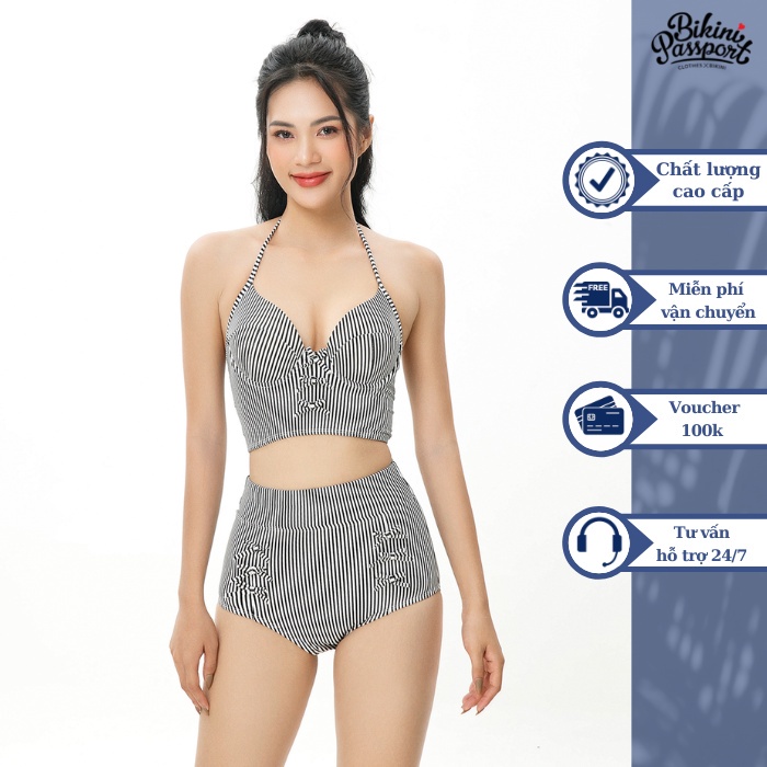 Đồ bơi nữ BIKINI PASSPORT kiểu hai mảnh lưng cao phối nơ cách điệu - Kẻ sọc - BS396_STR