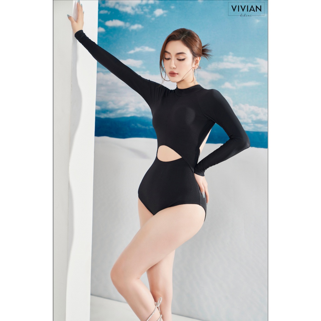 Đồ bơi nữ cao cấp 𝐕𝐈𝐕𝐈𝐀𝐍 dạng một mảnh tay tạo hình cutout cách điệu - Đen - VS183_BL