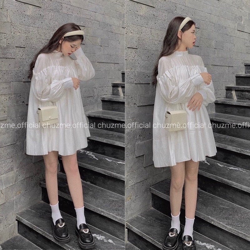 Váy Babydoll Xếp Ly MUSHROOM Dáng Xòe Phối Cổ Voan Cổ Điển Hàn Quốc