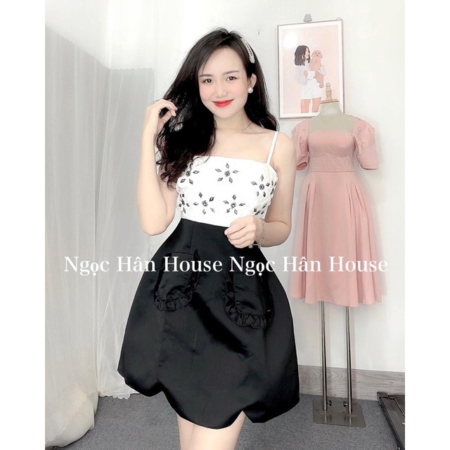 ĐẦM 2 DÂY KẾT HOA PHỐI ĐEN TRẮNG 🤍