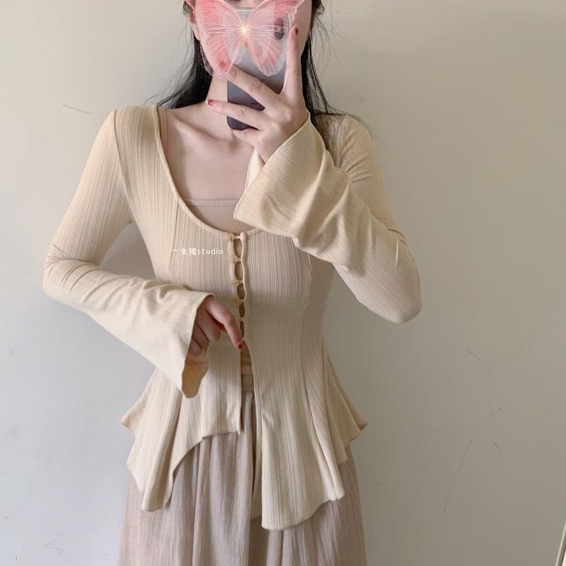 Áo Sơ Mi Tay Loe Ôm Eo Thiết Kế Bất Đối Xứng Viền Nhẹ Nhàng Phong Cách Hàn Quốc Cho Nữ