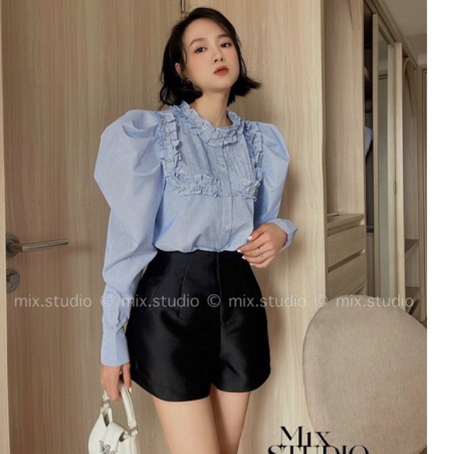 Áo sơ mi kẻ xanh đính đá sang chảnh , Áo sơ mi nữ tiểu thư hàng cao cấp  /Ginastore