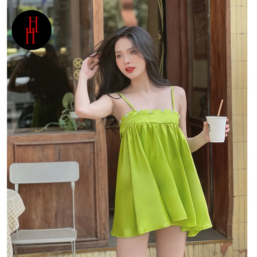 Áo babydoll HAF54 giấu quần hai dây thắt nơ lưng màu xanh neon đính hạt Hỉn Hỉn Store