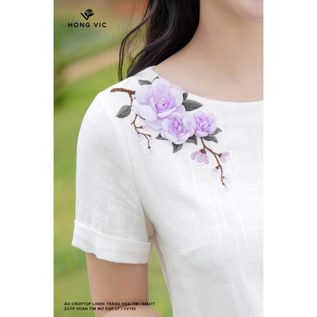 Áo croptop nữ thiết kế Hong Vic linen trắng hoa tím SM477